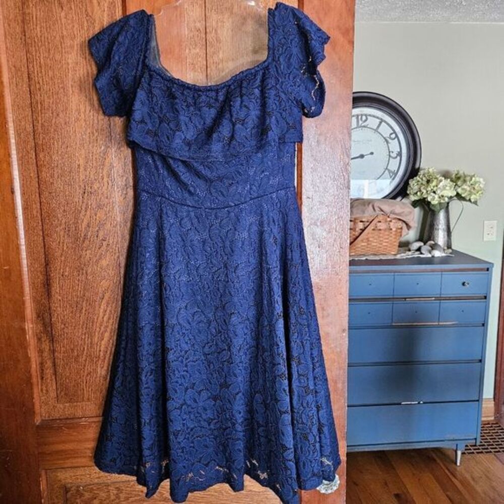 NWT HYLING Medium Navy Off-Shoulder Lace‎ Short SLV Dress Party Events